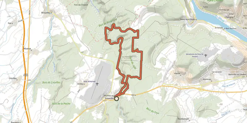 Carte du tracé de Circuit de la Vallée des Prés sur le Plan IGN, départ et points de passage numérotés