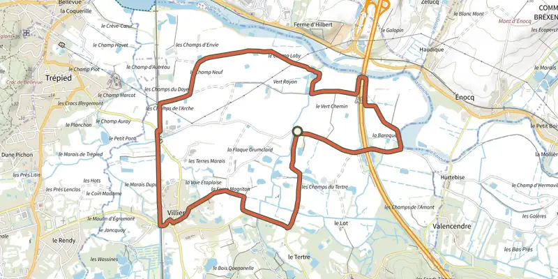 Carte du tracé de Sentier des Bas Champs sur le Plan IGN, départ et points de passage numérotés