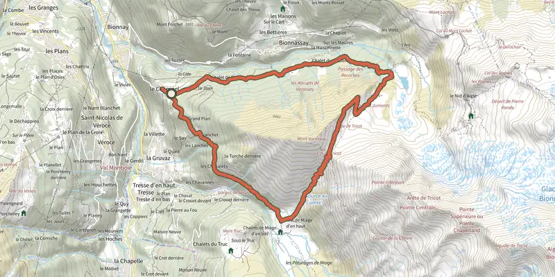 Map of the Col de Tricot track on the IGN map, with the start and numbered waypoints