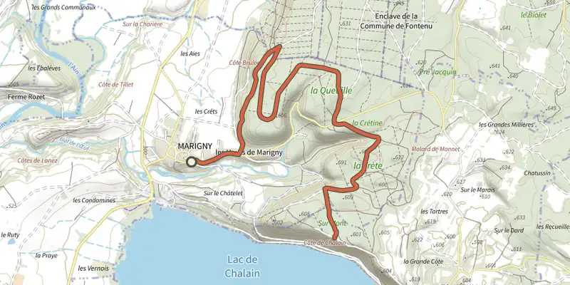 Map of the La Queille track on the IGN map, with the start and numbered waypoints