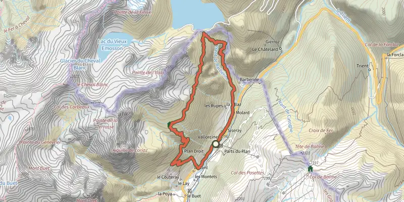 Map of the Chalet de Loriaz track on the IGN map, with the start and numbered waypoints
