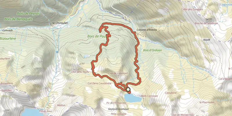 Carte du tracé de Le Lac de Peyrelade sur le Plan IGN, départ et points de passage numérotés