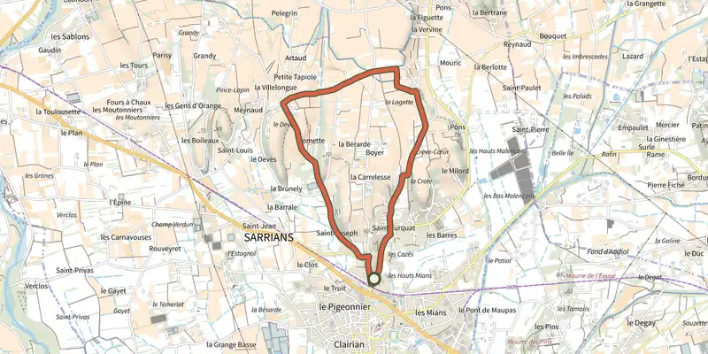 Carte du tracé de Le Circuit des Vignes sur le Plan IGN, départ et points de passage numérotés
