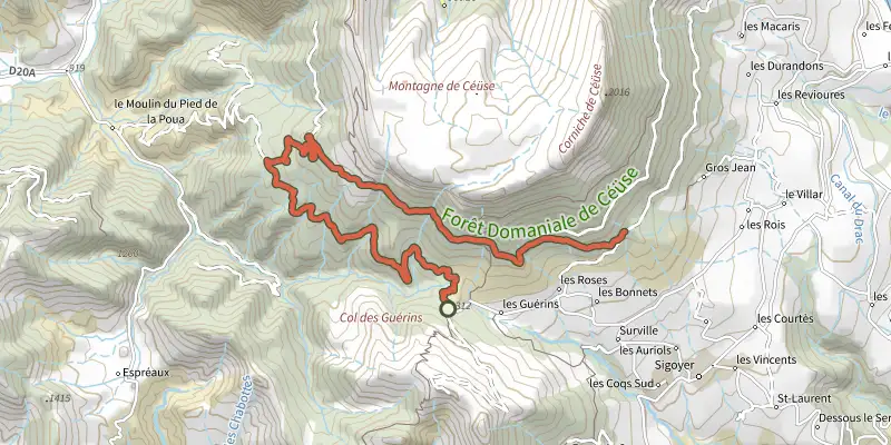 Carte du tracé de Ceüse Circuit 3 sur le Plan IGN, départ et points de passage numérotés