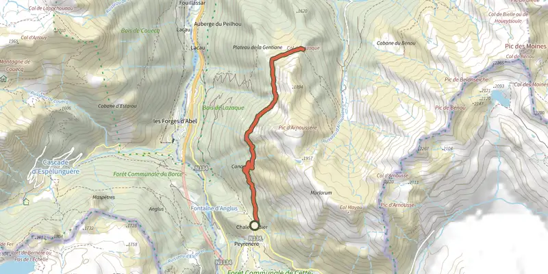 Carte du tracé de Sentier du Plateau de la Gentiane PNP sur le Plan IGN, départ et points de passage numérotés