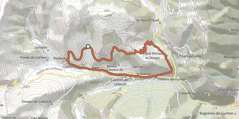 Carte du tracé de Boucle dans la vallée du Larboust et la Vallée d'Oueil sur le Plan IGN, départ et points de passage numérotés