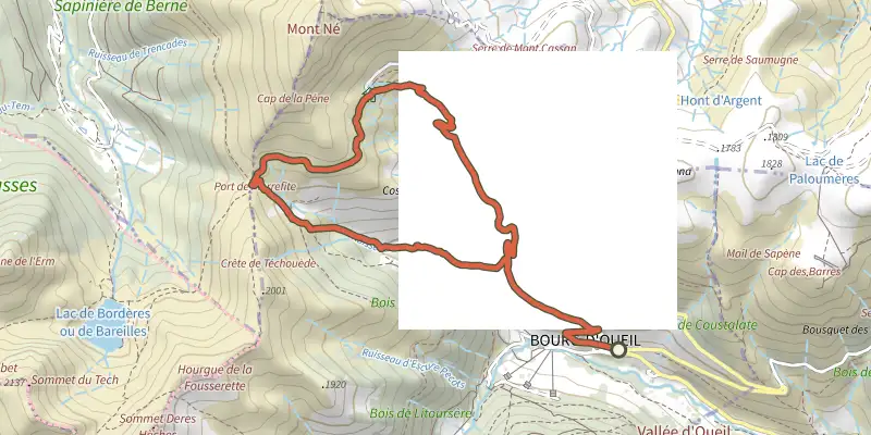 Carte du tracé de Refuge du Mont Né sur le Plan IGN, départ et points de passage numérotés