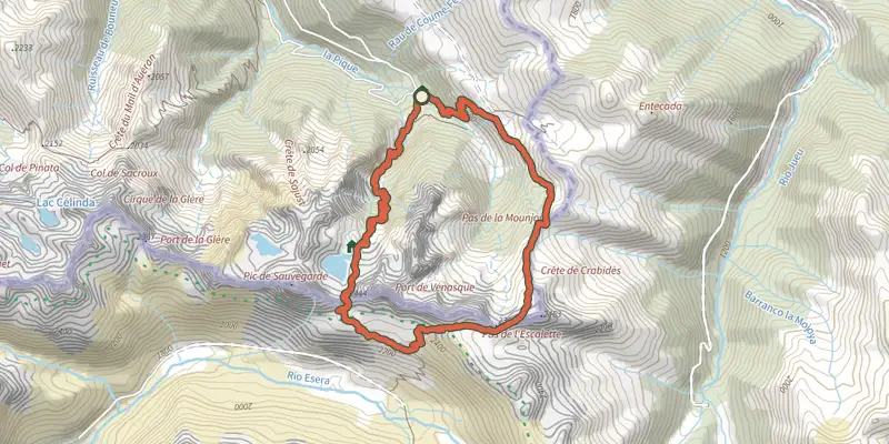Carte du tracé de Grande boucle autour de l'Hospice de France sur le Plan IGN, départ et points de passage numérotés