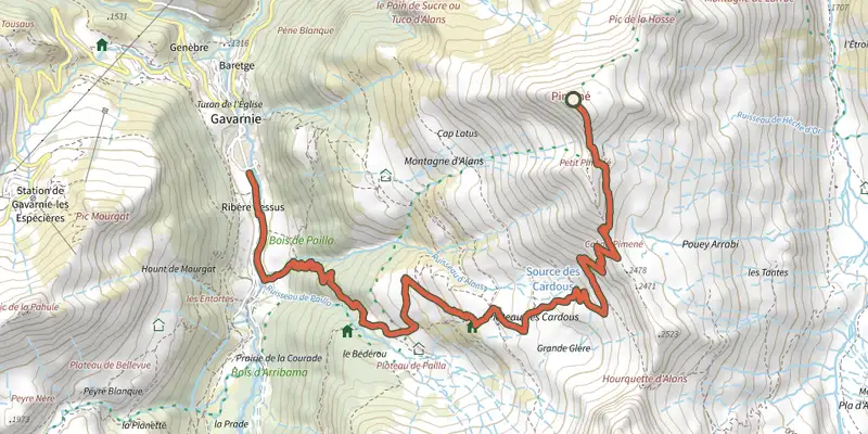 Carte du tracé de Refuge des Espugeuttes et Pimené sur le Plan IGN, départ et points de passage numérotés