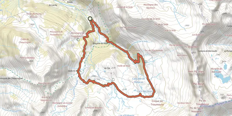 Carte du tracé de Cirque de Troumouse sur le Plan IGN, départ et points de passage numérotés