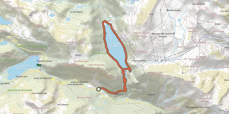 Carte du tracé de Tour du Lac de l'Oule sur le Plan IGN, départ et points de passage numérotés
