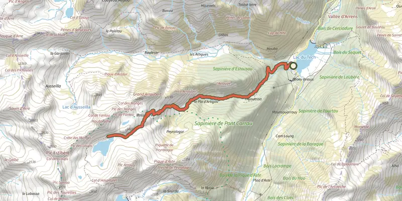 Map of the Lac de Pouey-Laün track on the IGN map, with the start and numbered waypoints