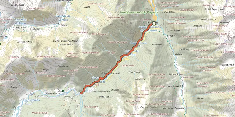 Map of the Chemin des Cascades dans le Val de Jéret track on the IGN map, with the start and numbered waypoints