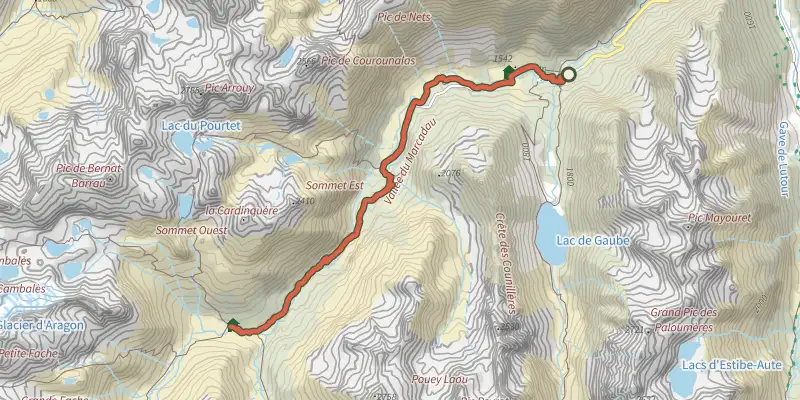 Map of the A travers la vallée du Marcadau vers le refuge Wallon track on the IGN map, with the start and numbered waypoints