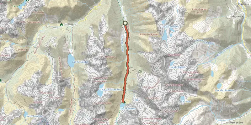 Map of the Refuge et Lac d'Estom track on the IGN map, with the start and numbered waypoints