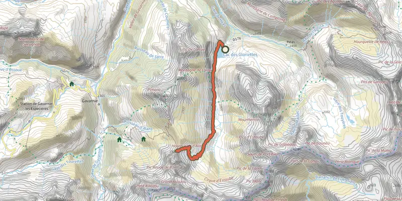 Carte du tracé de Vers la Hourquette d'Alans par le Cirque d'Estaubé sur le Plan IGN, départ et points de passage numérotés