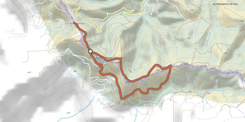 Map of the Chemin des Palombières track on the IGN map, with the start and numbered waypoints