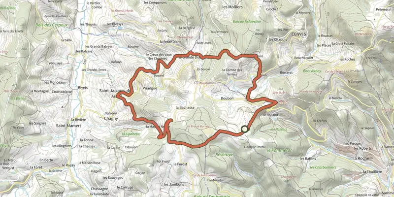Carte du tracé de Circuit de Saint-Jacques sur le Plan IGN, départ et points de passage numérotés