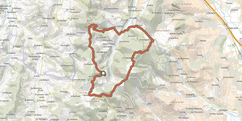 Map of the Randonnée des 4 Montagnes track on the IGN map, with the start and numbered waypoints