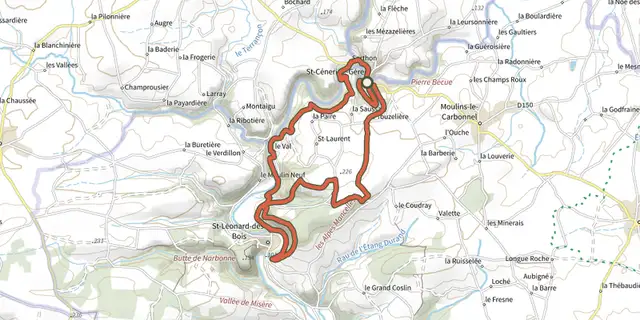 The Les méandres de la Sarthe track on the IGN map