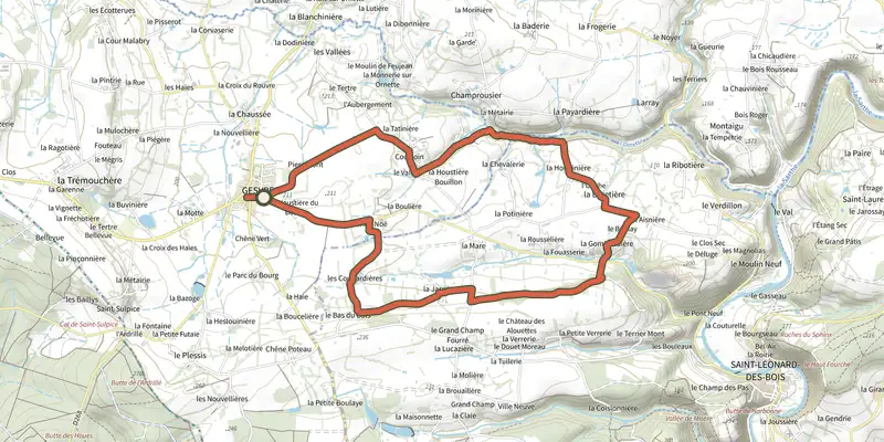 Map of the Circuit du Pont de Cinq Pierres track on the IGN map, with the start and numbered waypoints