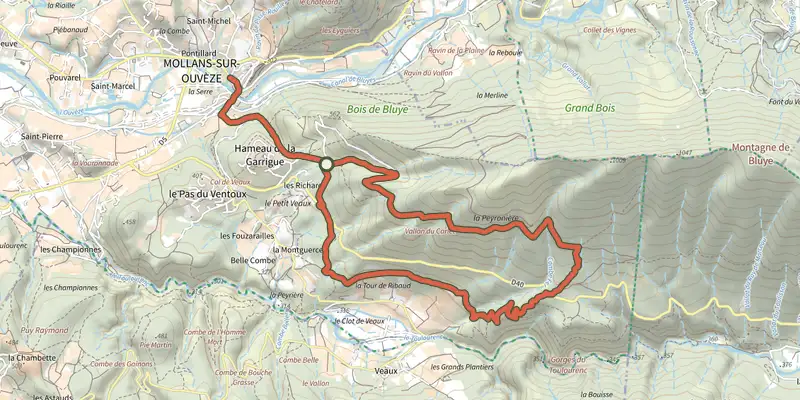 Map of the Crête de Bluye track on the IGN map, with the start and numbered waypoints