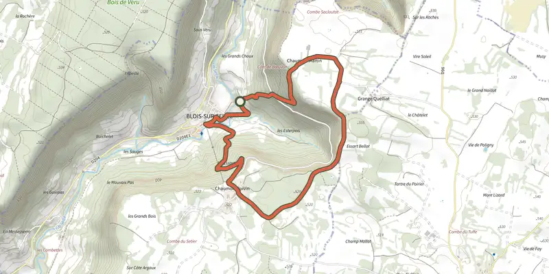 Map of the PR reculée Blois-sur-Seille 4,5 km track on the IGN map, with the start and numbered waypoints