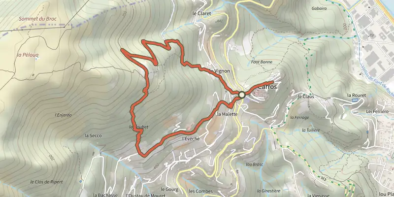 Map of the Les Balcons de Carros track on the IGN map, with the start and numbered waypoints