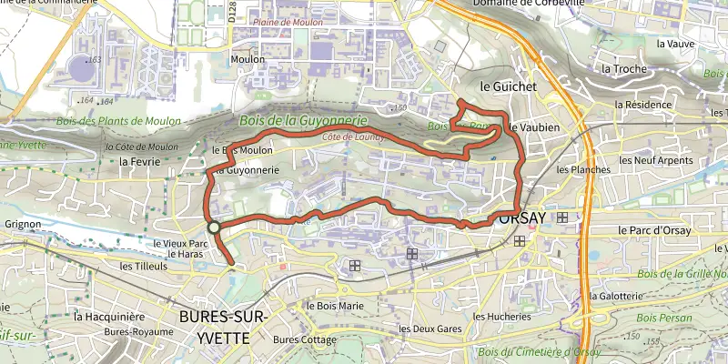 Carte du tracé de La Guyonnerie sur le Plan IGN, départ et points de passage numérotés