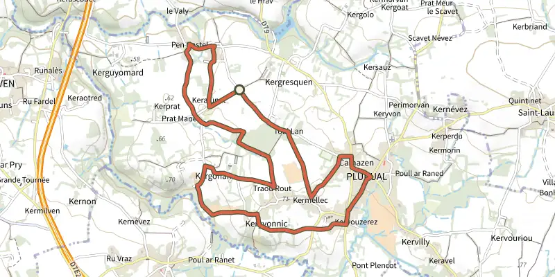 Map of the Le Bocage track on the IGN map, with the start and numbered waypoints