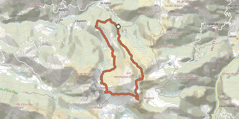 Map of the Grand Tour du Montagnon asp105 track on the IGN map, with the start and numbered waypoints