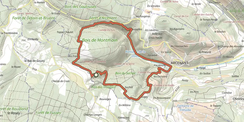 Carte du tracé de Le Trou du Duc sur le Plan IGN, départ et points de passage numérotés