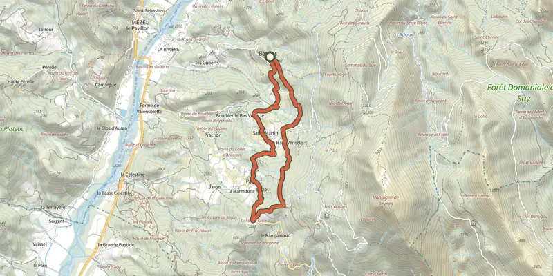 Map of the Les Hameaux de Beynes et de Palus track on the IGN map, with the start and numbered waypoints