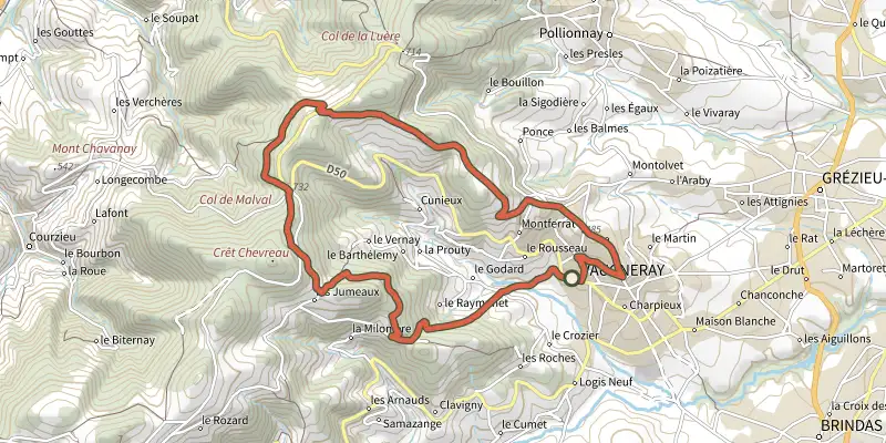 Map of the La Voie Romaine track on the IGN map, with the start and numbered waypoints