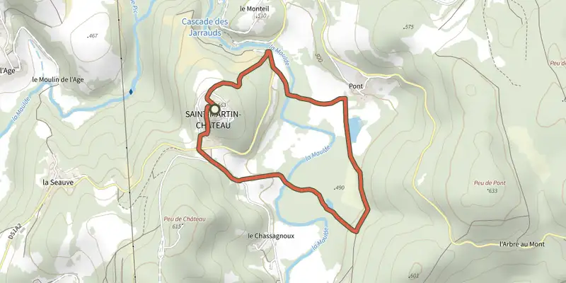 Carte du tracé de Chemin de découverte de la vallée de la Maulde sur le Plan IGN, départ et points de passage numérotés