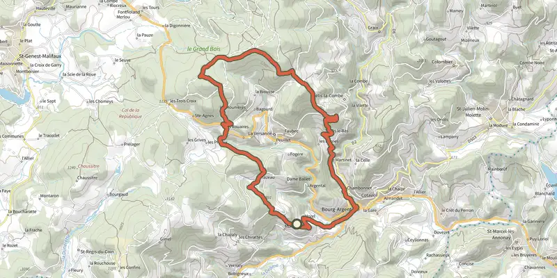 Carte du tracé de Pilat Nº2: Bourg-Argental - Le Grand Bois sur le Plan IGN, départ et points de passage numérotés