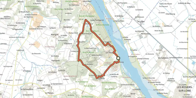 Map of the De Loire et Forêt track on the IGN map, with the start and numbered waypoints