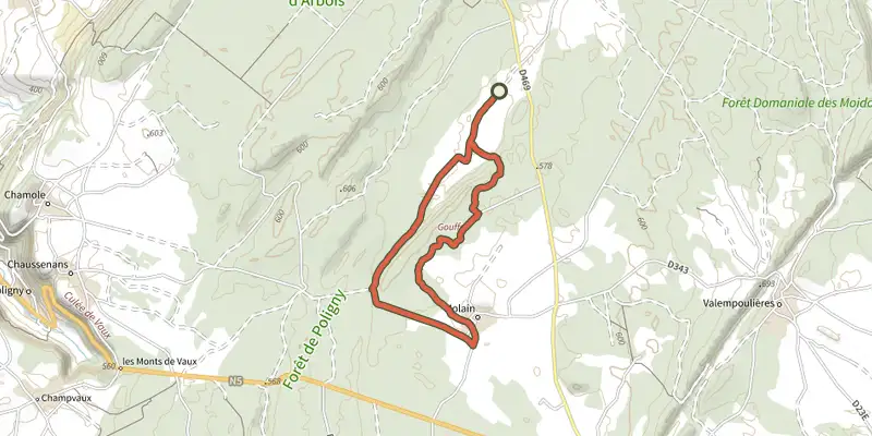 Carte du tracé de Tour du Bief de Corne sur le Plan IGN, départ et points de passage numérotés