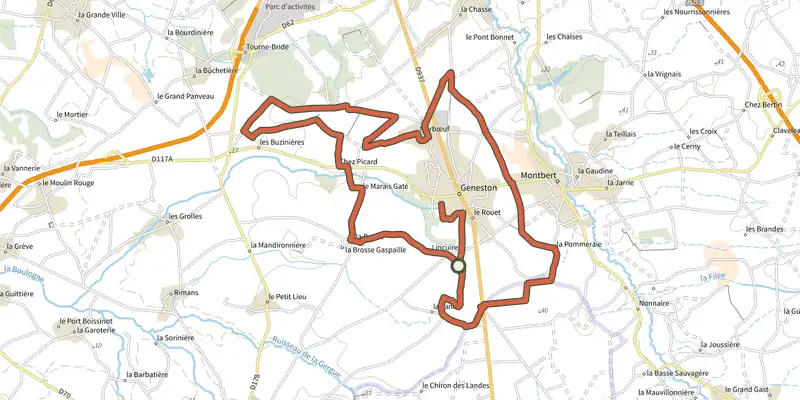 Map of the Circuit des Genêts track on the IGN map, with the start and numbered waypoints