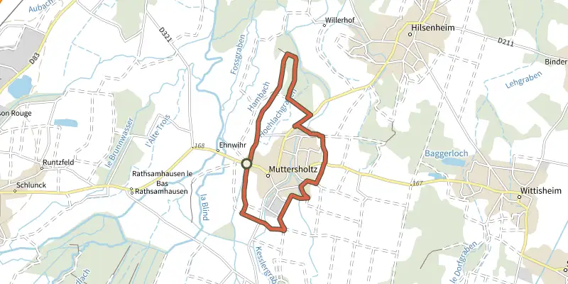 Carte du tracé de Sentier de la Cigogne sur le Plan IGN, départ et points de passage numérotés