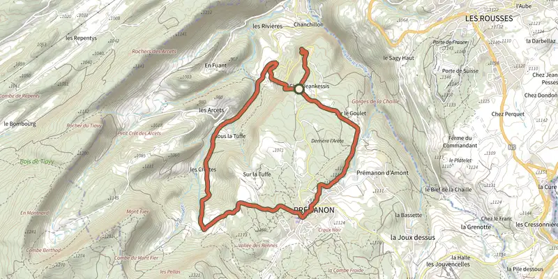 Map of the Les Arcets track on the IGN map, with the start and numbered waypoints