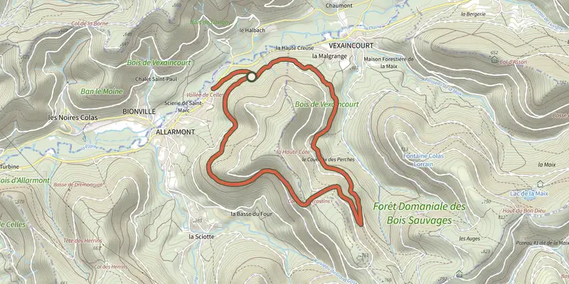 Carte du tracé de Circuit du col des marcassins sur le Plan IGN, départ et points de passage numérotés