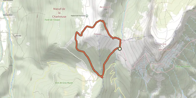 Carte du tracé de Tour de Pravouta sur le Plan IGN, départ et points de passage numérotés