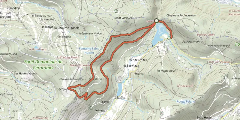 Carte du tracé de Circuit de Grouvelin sur le Plan IGN, départ et points de passage numérotés