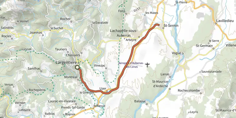 Map of the Voie Verte de L'Argentière à Saint-Sernin track on the IGN map, with the start and numbered waypoints