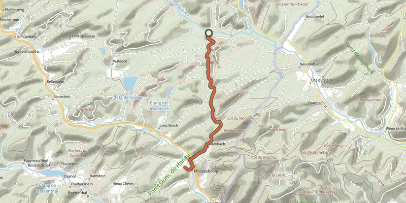 Map of the Blue dot track on the IGN map, with the start and numbered waypoints