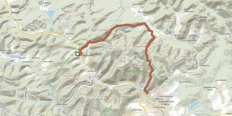 Carte du tracé de Yellow cross sur le Plan IGN, départ et points de passage numérotés