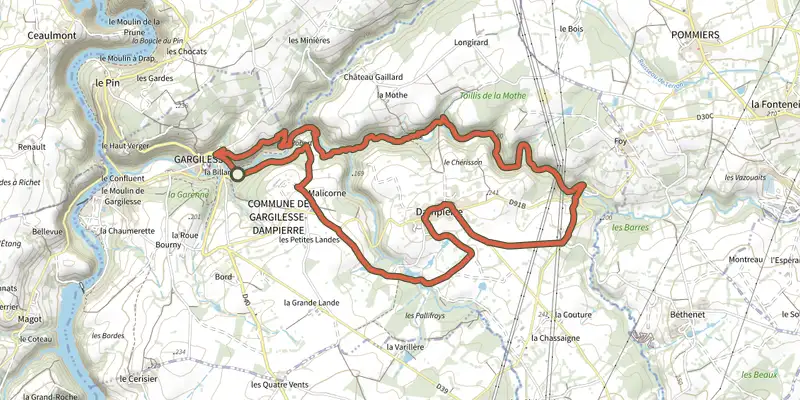 Map of the La Gargilesse secrète et sauvage track on the IGN map, with the start and numbered waypoints