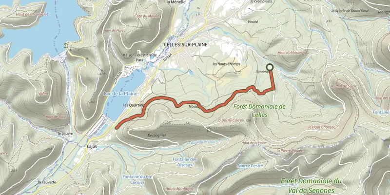 Map of the Chemin de Bénameix à Lajus track on the IGN map, with the start and numbered waypoints