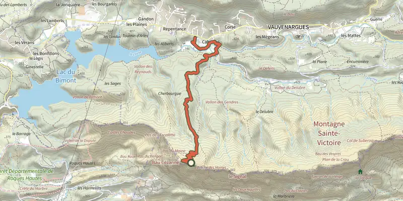 Map of the Chemin des Venturiers track on the IGN map, with the start and numbered waypoints